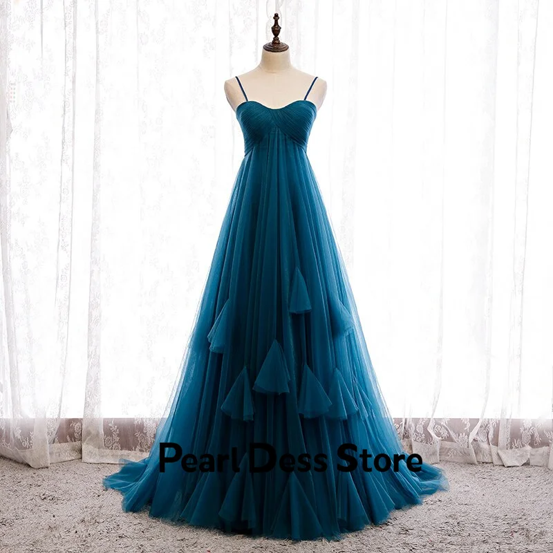 

Luxury thin shoulder straps, tulle pleats, layered brushes, and long handmade formal evening dresses, women's ball and party dre
