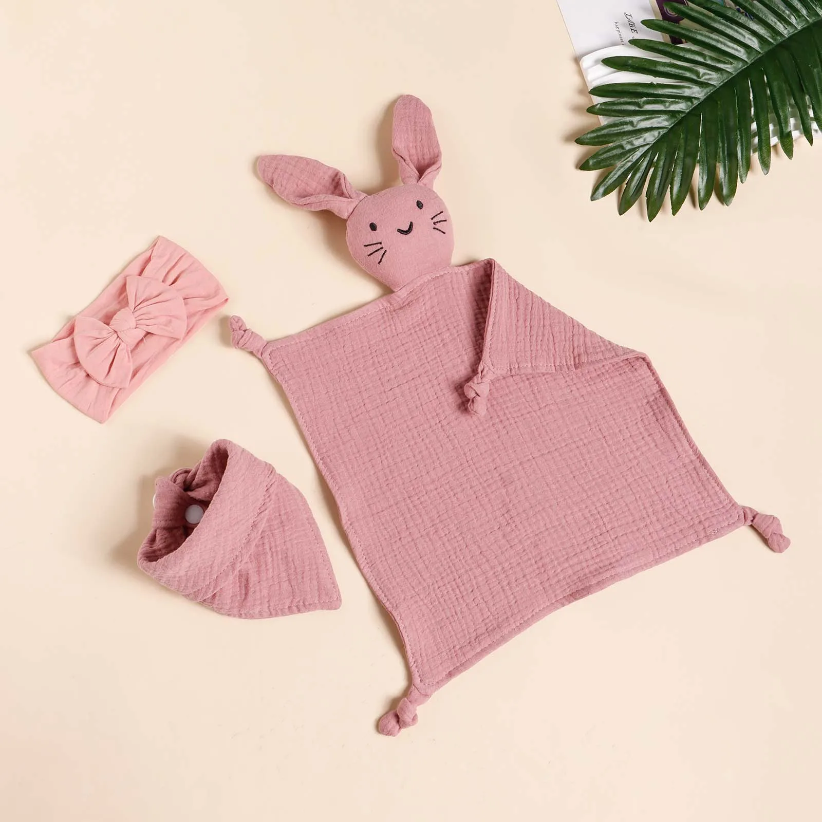 3pcs  선물 세트 고양이 자수 광장 담요 삼각형 턱받이 활 머리띠  아이를위한 설정 일일 다기능 액세서리