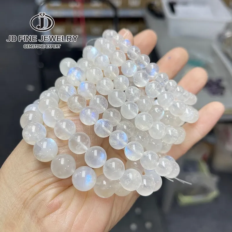 Jd Natural Blue Moonstone Round Bead Strand Bracciali Donna Uomo Charm Blue Flash Beads Luxury Energy Elastic Wrist Yoga Jewelry