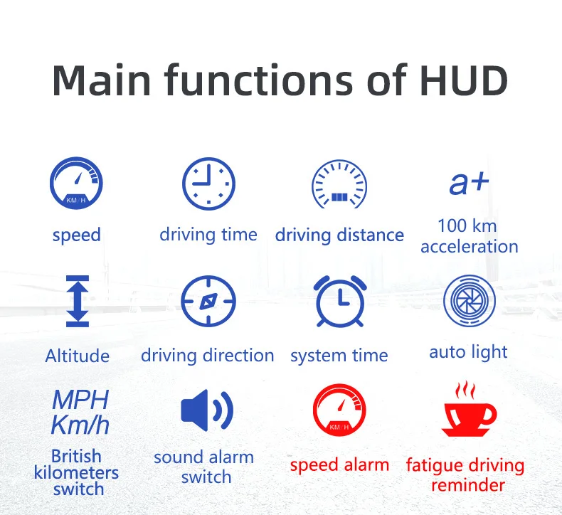 M16 HUD, The Heads-Up Display (HUD) displays main functions like altitude, direction, speed, and distance, plus features like acceleration, alarm, fatigue reminder, and unit switching.