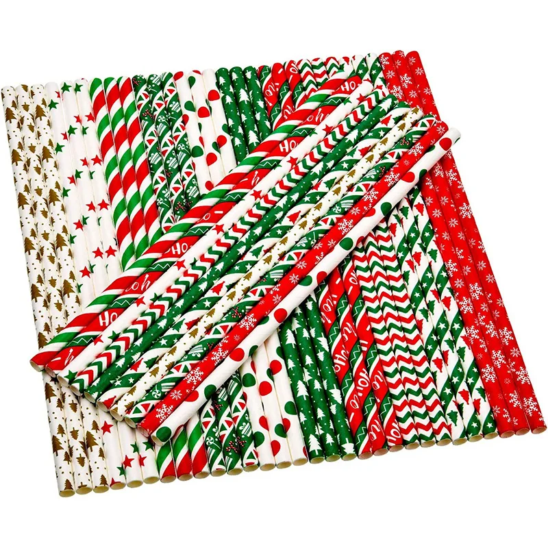50pcsNewYear2024ChristmasPaperStrawsXmasTreePaperDrinking
