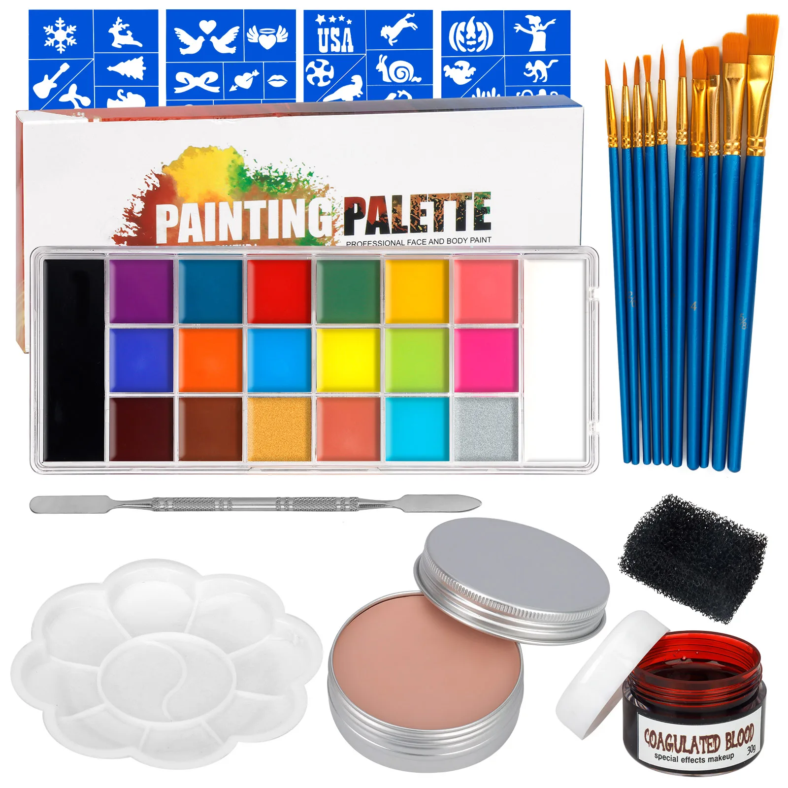 

Halloween Special Effects Makeup Kit 2.12oz Wound Scar Wax 1.06oz Fake Scab Blood 20 Color Face Body Paint Oil with Brushes