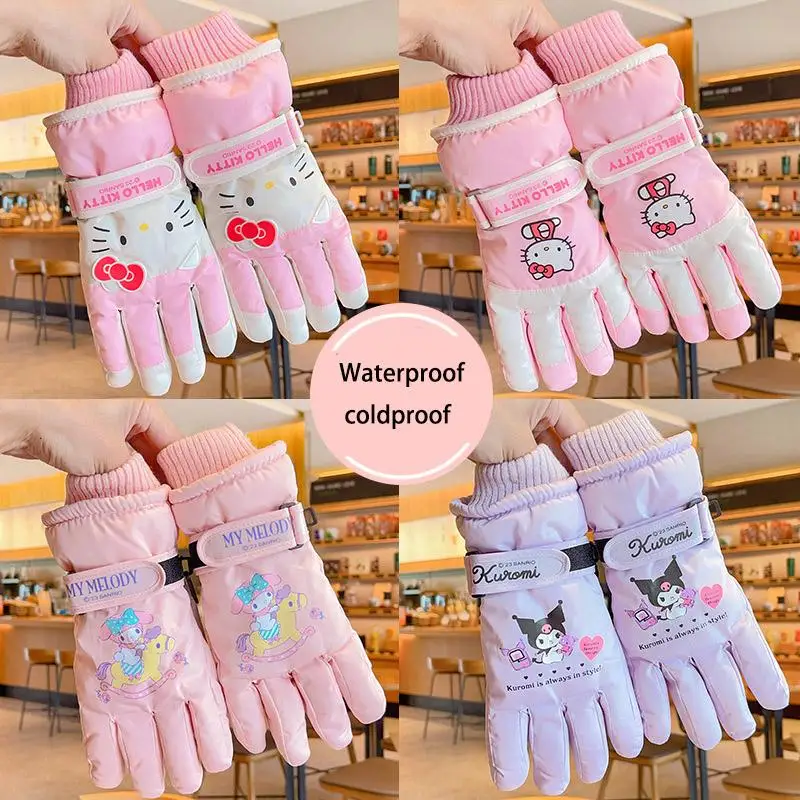 

Sanrioed Kitty Cinnamoroll Kuromi Child Gloves Winter Plus Velvet Thicken Water Proof Cold-Proof Riding Keep Warm Christmas Gift