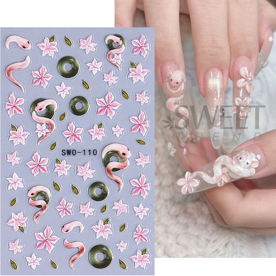 2pcs Pink Snake Embossed Nail Stickers Holographic Sakura Petal Leaf Design Adhesive Sliders DIY Nail Decals Manicure Decoration