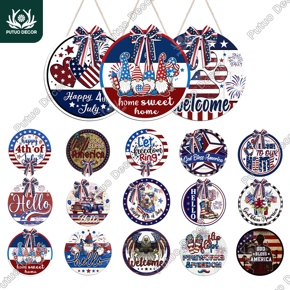 

Putuo Decor Round Wooden Hanging Sign Decor with a Bow Tie, Wall Decor for Home Farmhouse Porch Cafe , Independence Day Gift