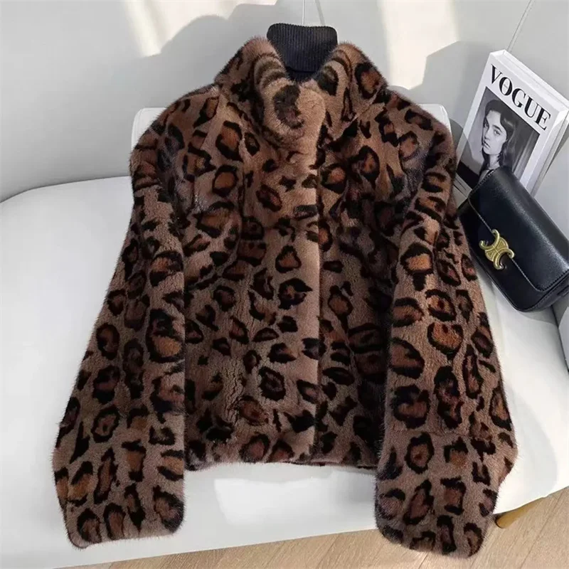 Mink Fur Coat For Women 2025 New Fashion Leopard Print Jacket Short High-Quality Mink Fur High-End Imitation Fur Jacket Zipper