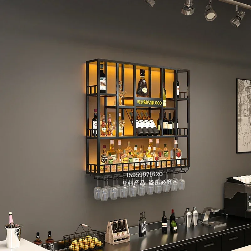 Customized: bar counter wine cabinet against the wall, hanging shelves, industrial style bar, wrought iron display stand,