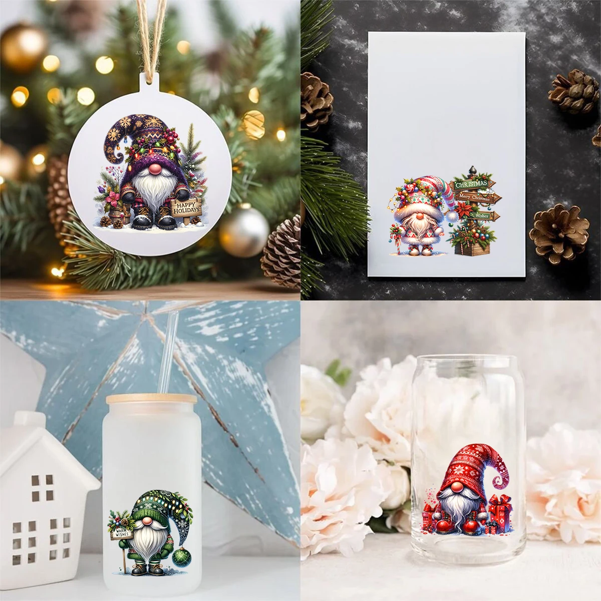 DTF Transfer Sticker 12pcs Christmas Winter Santa Claus Gnome UV DTF Cup Wrap Transfer Sticker Glass Coffee Mugs Decoration