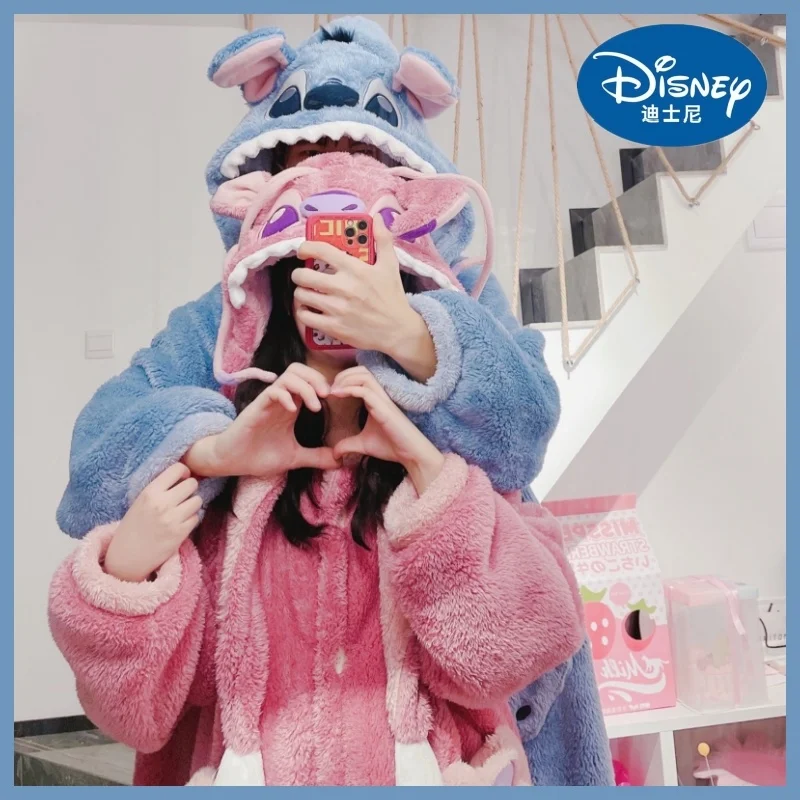 

Kawaii Stitch Disney Халат с капюшоном ночная рубашка женская утолщенная теплая Милая для влюбленных осень зима коралловый флис повседневная одежда