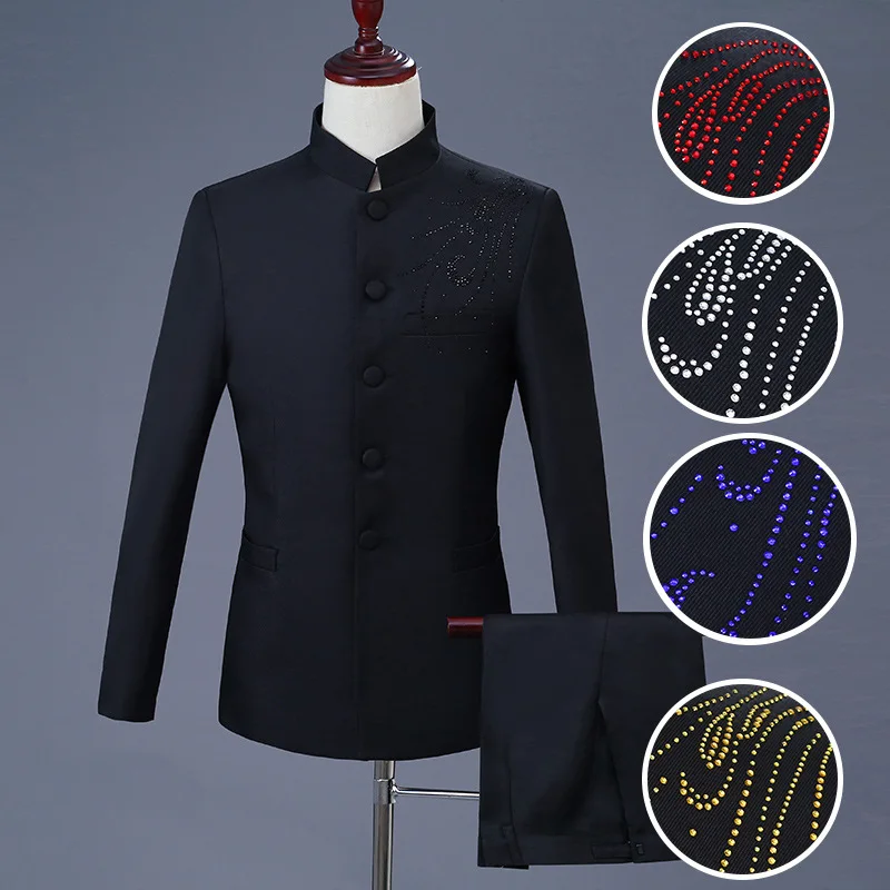 

[Jacket+Pants] 2022 Boutique Business Casual Fashion New Elegant Men Diamond-encrusted Black Suit Christmas Halloween Wedding