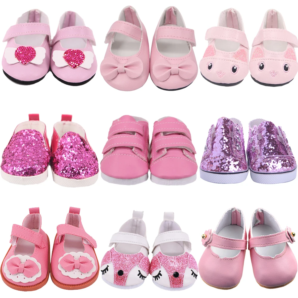 Pink Doll Shoes 7cm Bow Leather Shoes Cute Cat Canvas Fit 18Inch American Girl,43Cm Baby Born Baby,Toys For Kid,Doll Accessories