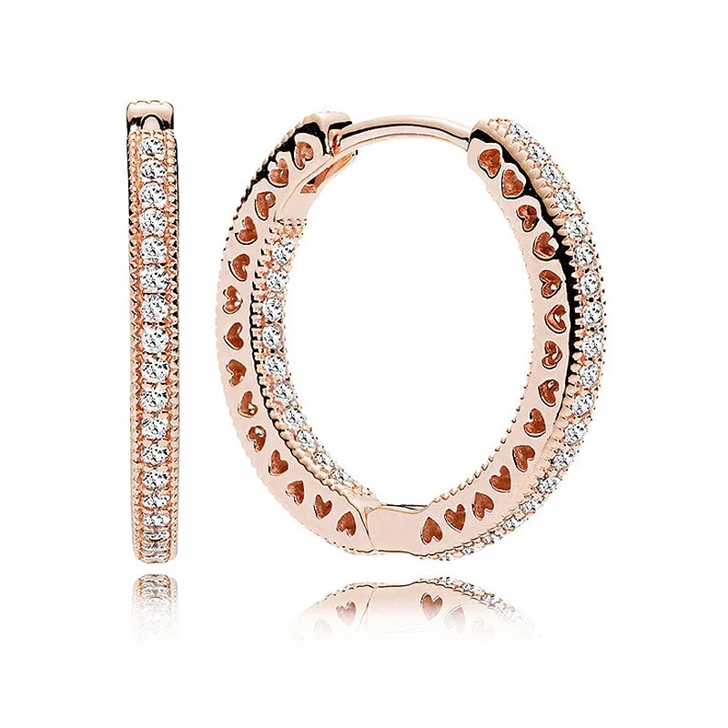 

Original Rose Gold Hearts Of Circles With Crystal Hoop Earrings For Women 925 Sterling Silver Wedding Gift Fashion Jewelry