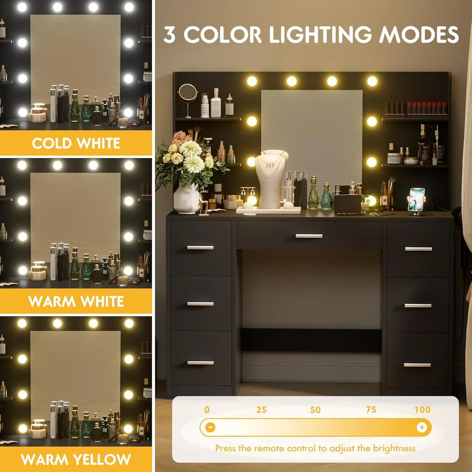 Vanity Desk with LED Lighted Mirror&Power Outlet, 3 Model Lights Makeup Vanity Table with 7 Drawers and 6 Storage Shelves 3