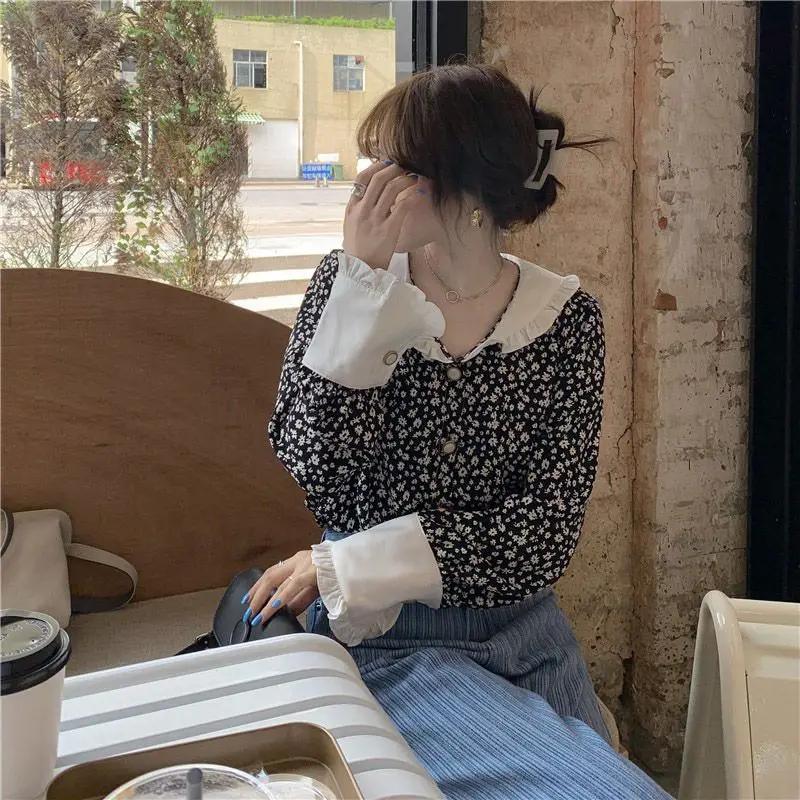Spring Autumn New Floral Patchwork Shirt Tops Long Sleeve Contrast Printing Loose Sweet Blouse Vintage Fashion Women Clothing