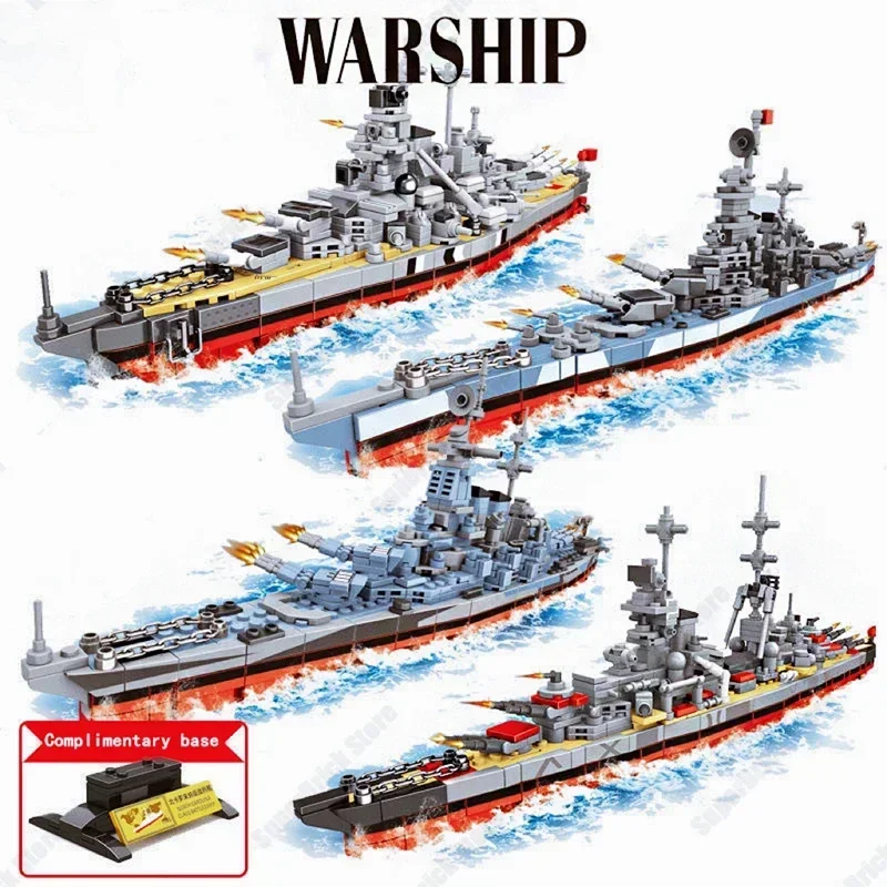 

War Military Warships Building Blocks KMS Bismarck Battleship Model Kit Soldier Weapon Boat Bricks Kids Military Toys Set