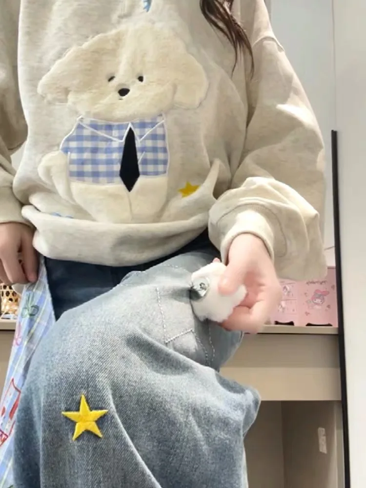 하이 웨이스트 와이드 레그 청바지 여성 봄 여름 새로운 디자인 스타 자수 루즈핏 캐주얼 루즈 드레이프 데님 바지