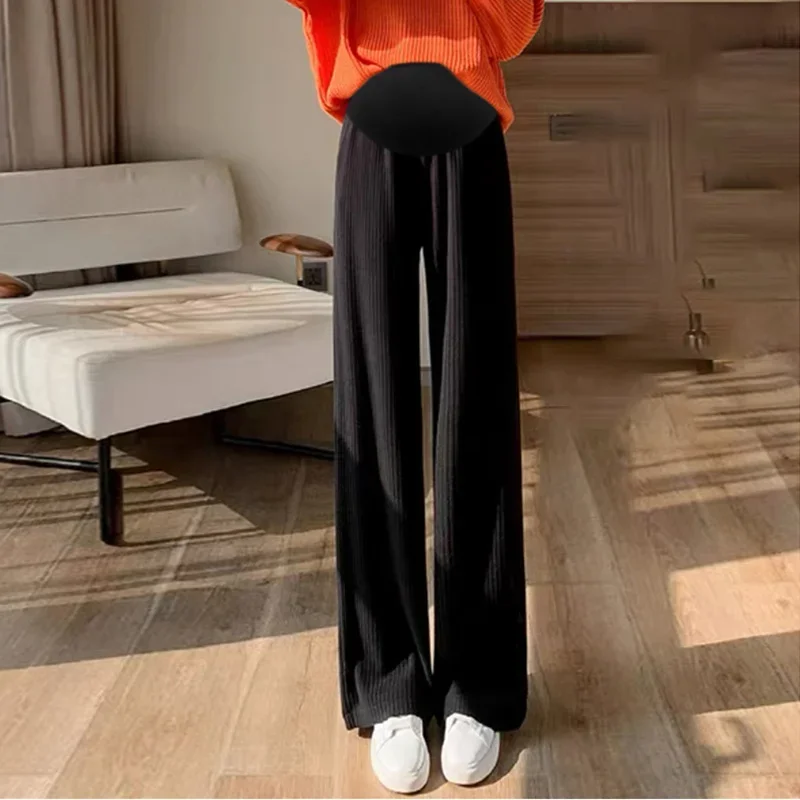 Pregnant Women Pants Knitted Wide Leg Trousers Pring Plush Thickened New Straight Tube Drape Casual Maternity Clothes 2
