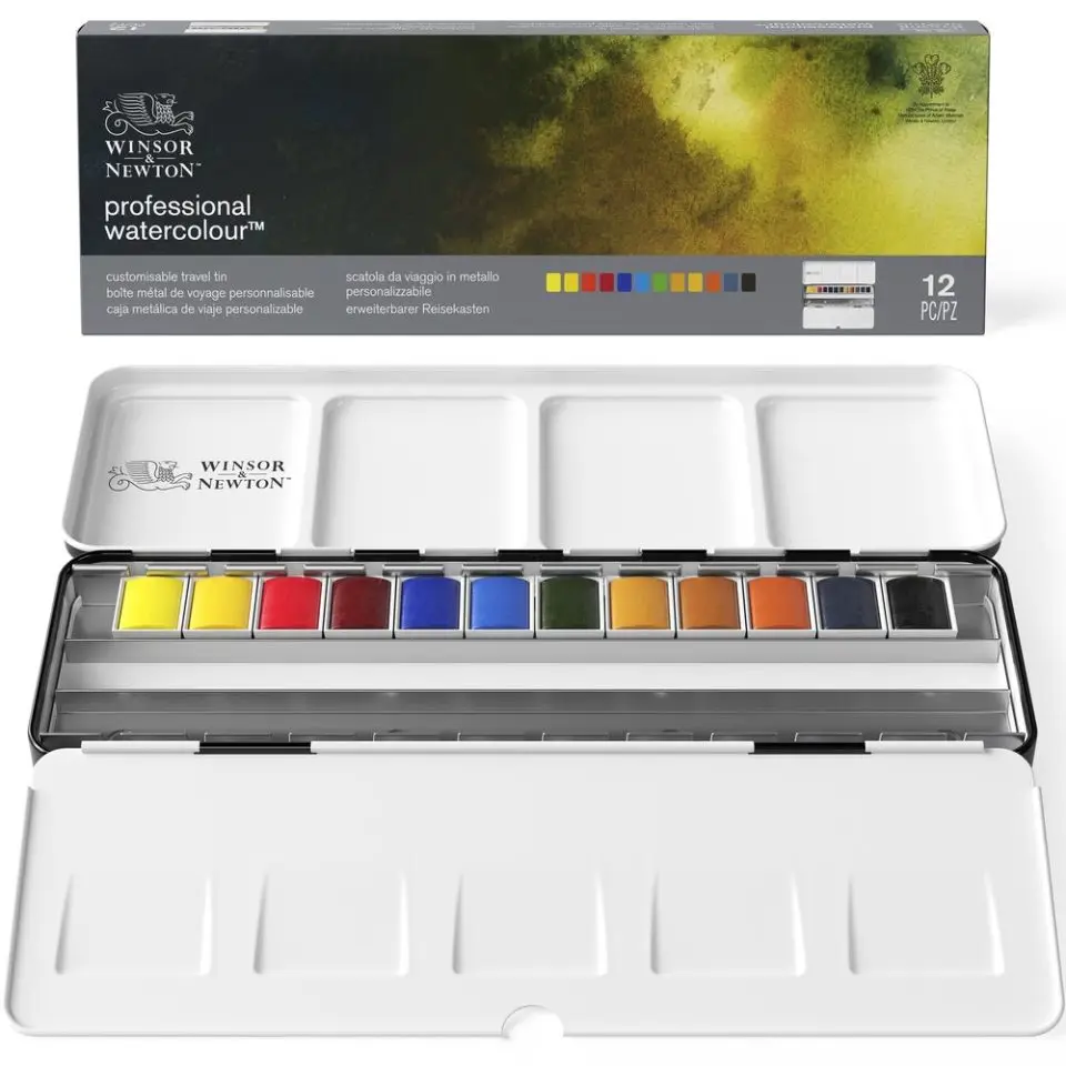 Professional Acquerello Travel Tin - 24/12 Half Teglie Winsor & Newton Solid Acquerello Black Box Palette Brush Per Artista Pittore
