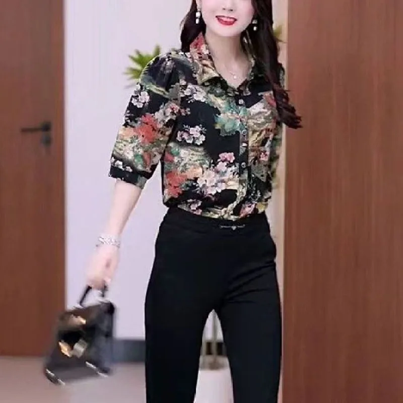 Minimalist Chiffon 2024 Summer New Women's Polo-Neck Button Printed Casual Three Quarter Elegant All-match Loose Shirt Blouse