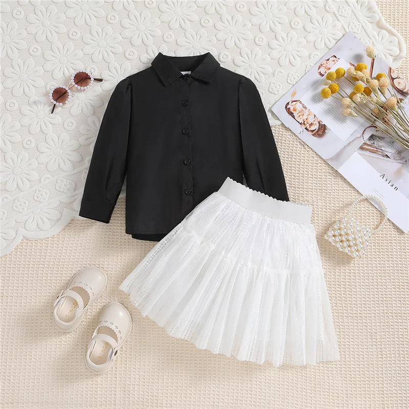 

Kids Girl Spring Fall Outfits Solid Color Lapel Long Sleeve Shirt Tops and Elastic High Waist Tulle Cake Skirt 2Pcs Set 3-6Years