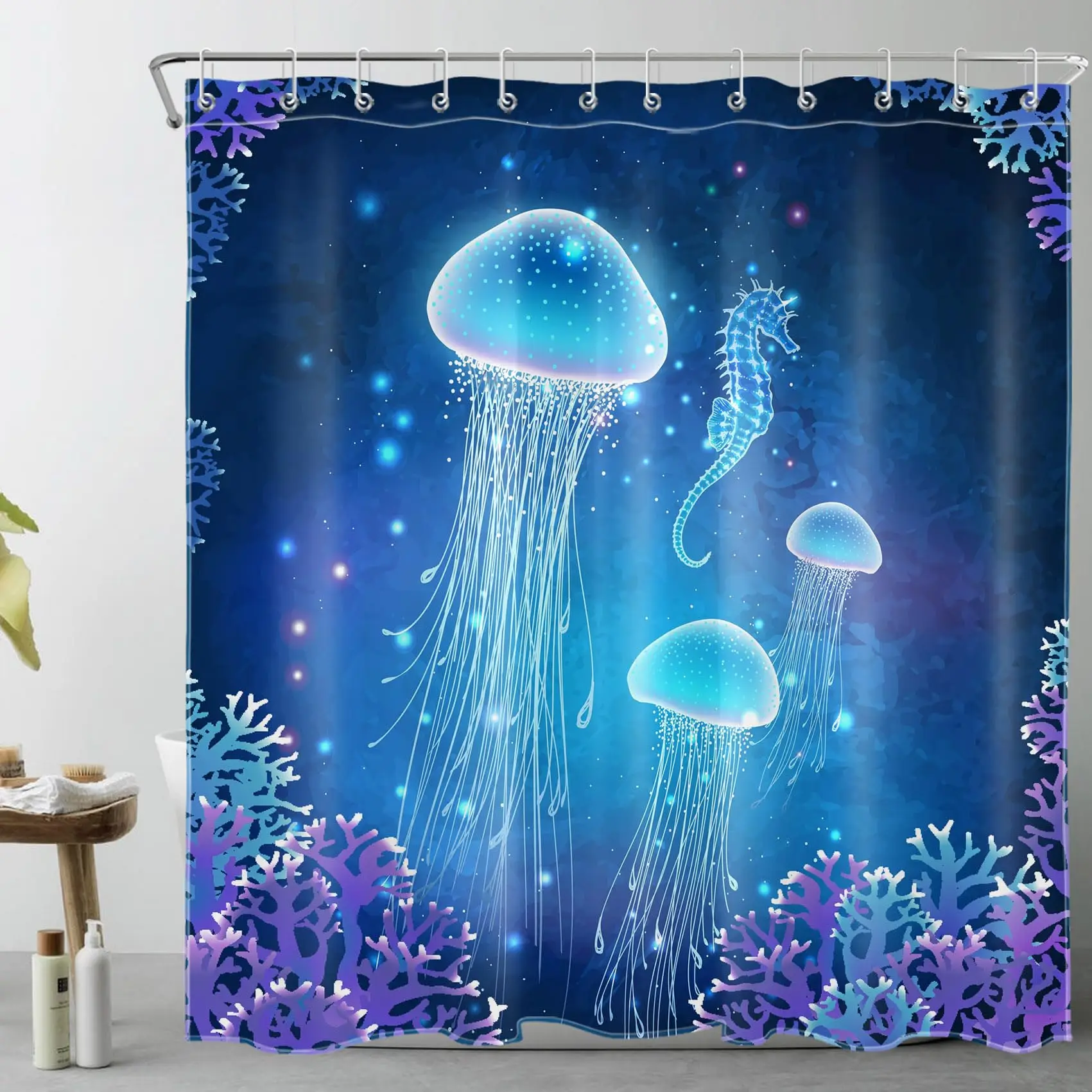 

Jellyfish Shower Curtain Blue Magic Underwater Sea Life Shower Curtains for Kids Child Funny Aquatic Bathroom Curtain with Hooks