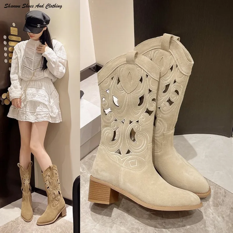 

Hollow Embroidered Vintage Western Boots Women 2023 Autumn Chunky Heels Knee High Cowboy Boots Woman Pu Leather Knight Booties