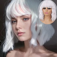 Synthetic White Bob Wig with Bangs Short Wavy Wig for Women Loose Wavy Shoulder Length Wig for Girl Cosplay Costume Wigs