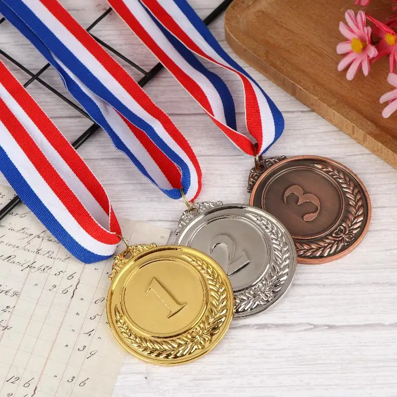 1pc Metal Award Medals With Neck Ribbon Gold Silver Bronze Style For Sports Academics Or Any Competition Diameter