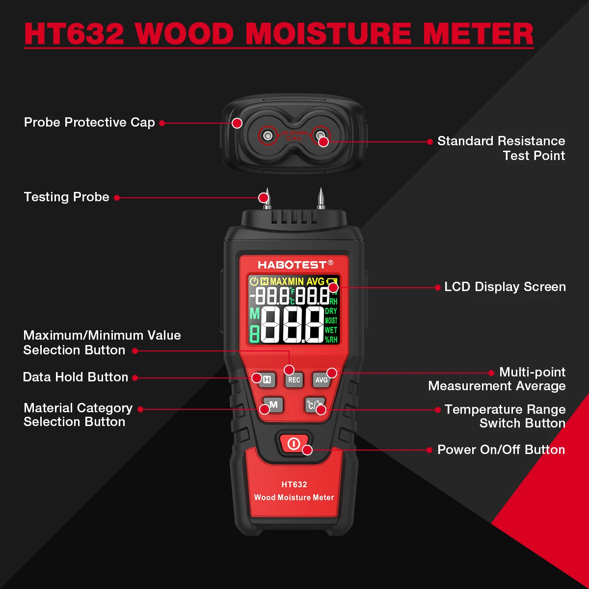 HABOTEST HT632 Digital Wood Moisture Meter Wall Water Tester Humidity Meter Two Pins Hygrometer Concrete Cement Brick Detector wood moisture meter