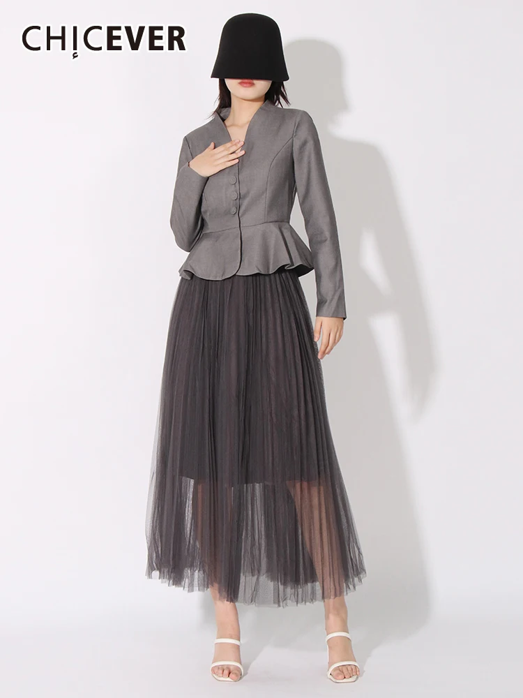 

CHICEVER Minimalist Two Piece Sets For Women V Neck Long Sleeve Top High Waist Spliced Mesh Midi Skirt Elegant Set Female New