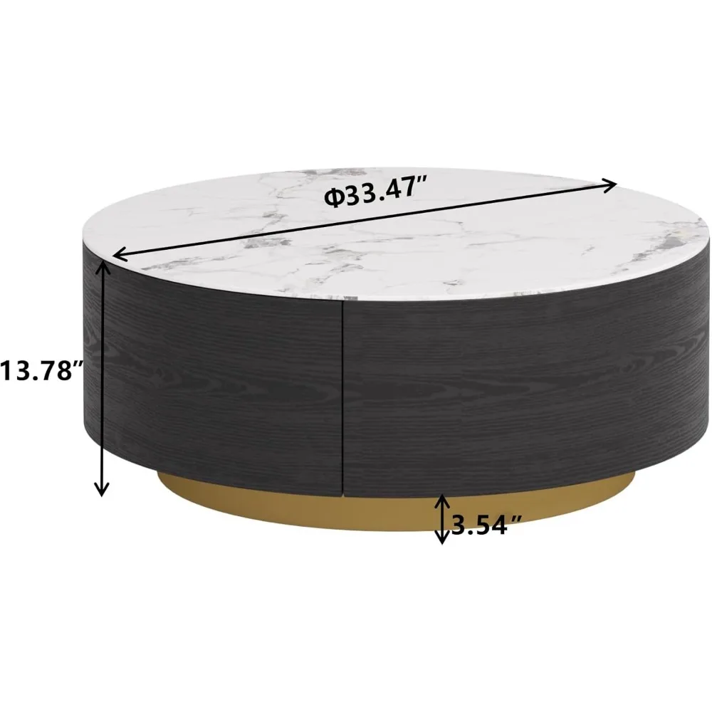 Modern circular coffee table with 2 drawers, stone burning tabletop, living room central table, 33.4-inch coffee table 2