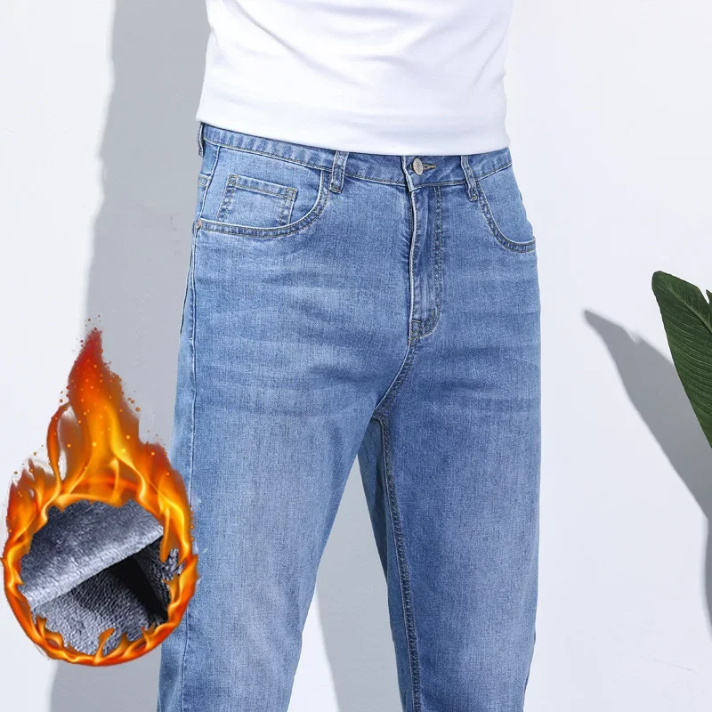 Men's Winter Snow Jeans Warm Stretch Straight Leg Thermal Jeans Man Fleece Denim Long Pants Blue Gray Fashion Classic Trousers 5
