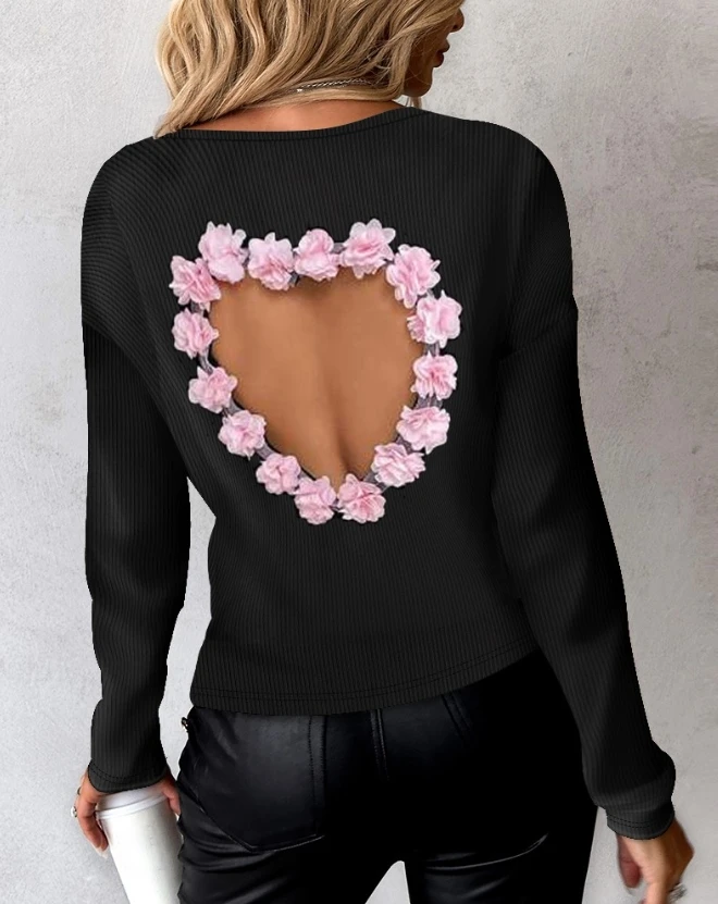 Top Women 2024 Spring Fashion Floral Pattern Hollow Heart Backless Casual Slash Neck Long Sleeve Daily Ribbed Top Y2K Clothes