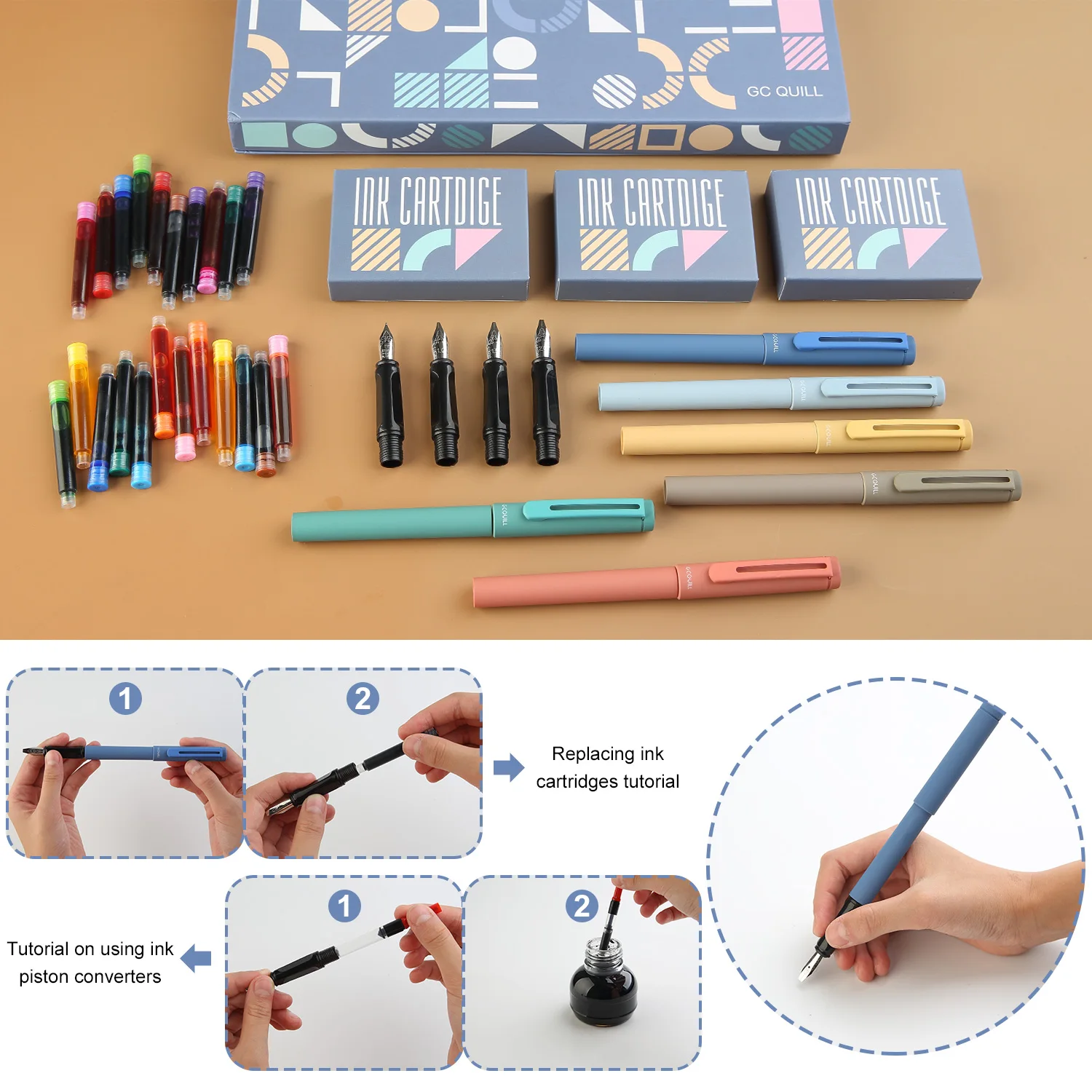 Calligraphy Pen Set 74pcs- 8 Calligraphy Fountain Pens with Varied Nibs, 66 Ink Cartridges(14 Colors)-Writing, Drawing - 4