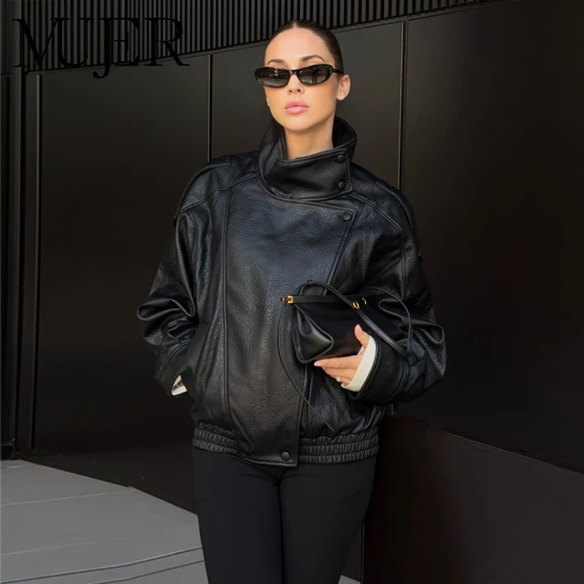 MUJER Black Faux Leather Jackets for Women Outerwears Office Women's Bomber Jacket Snap Button Demi-season Jacket for Women Coat 1