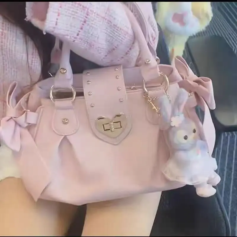 รูปสินค้า Harajuku โบว์สีชมพูกระเป๋าผู้หญิงสไตล์ญี่ปุ่นสบายๆ Crossbody กระเป๋าสุภาพสตรีหวานน่ารักขนาดใหญ่ความจุไหล่กระเป๋า
