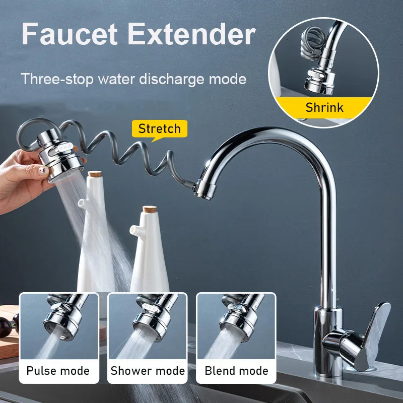 Universal Faucet Telescopic Extender Tube Aerator 3 Modes Splash-Proof Sprayer Faucet Nozzle Sink Cleaning Extension Flusher