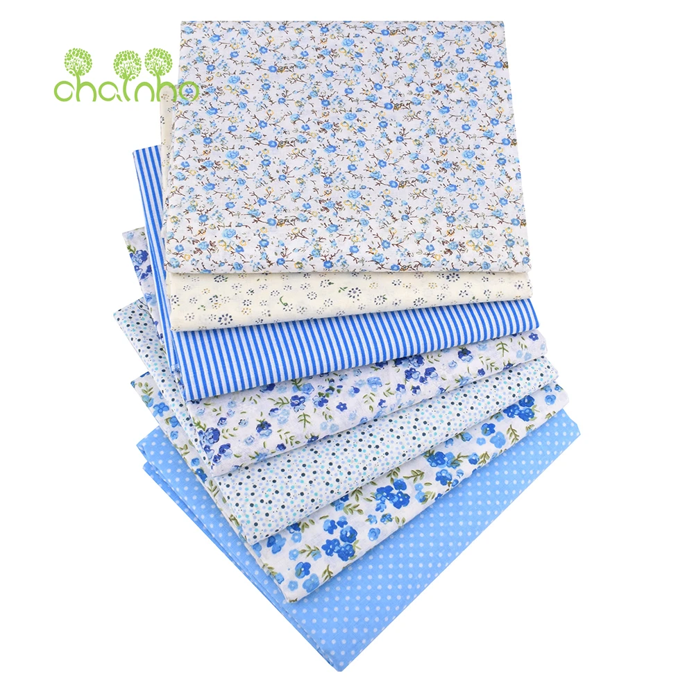 Chainho,Printed Plain Weave Cotton Fabric,Thin & Low Density Patchwork Cloth,DIY Quilting Sewing Material,Blue Series,50x50cm