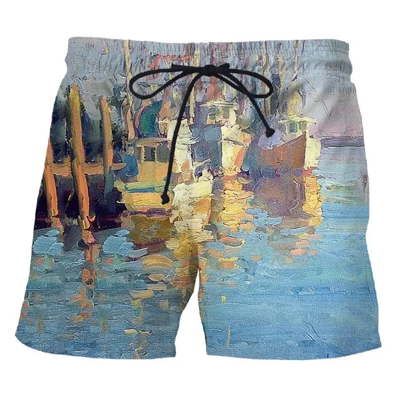 

Fashion Port Sailboat Pattern Beach Shorts Men's Sports Shorts 3D Print Oil Painting Summer Swim Trunks Street Short Pants
