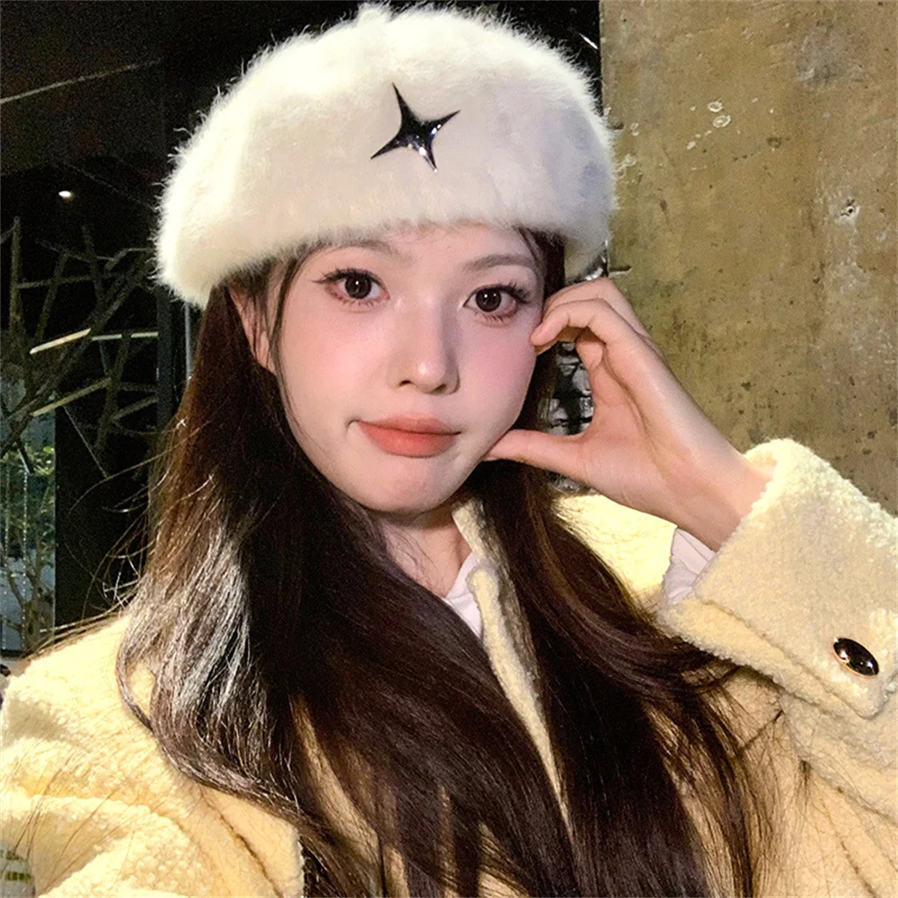 

New autumn and winter white beret for women's Korean version plush rabbit hair reverse wearing forward hat painter hat