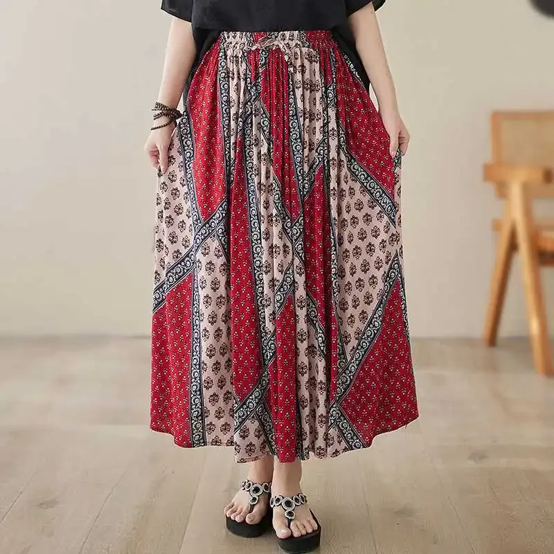 

Women Bohemia Vacation Style Long Skirts Casual Print Elastic High Waist Skirt Women Skirt Elegant Female Summer Ankle A-Line