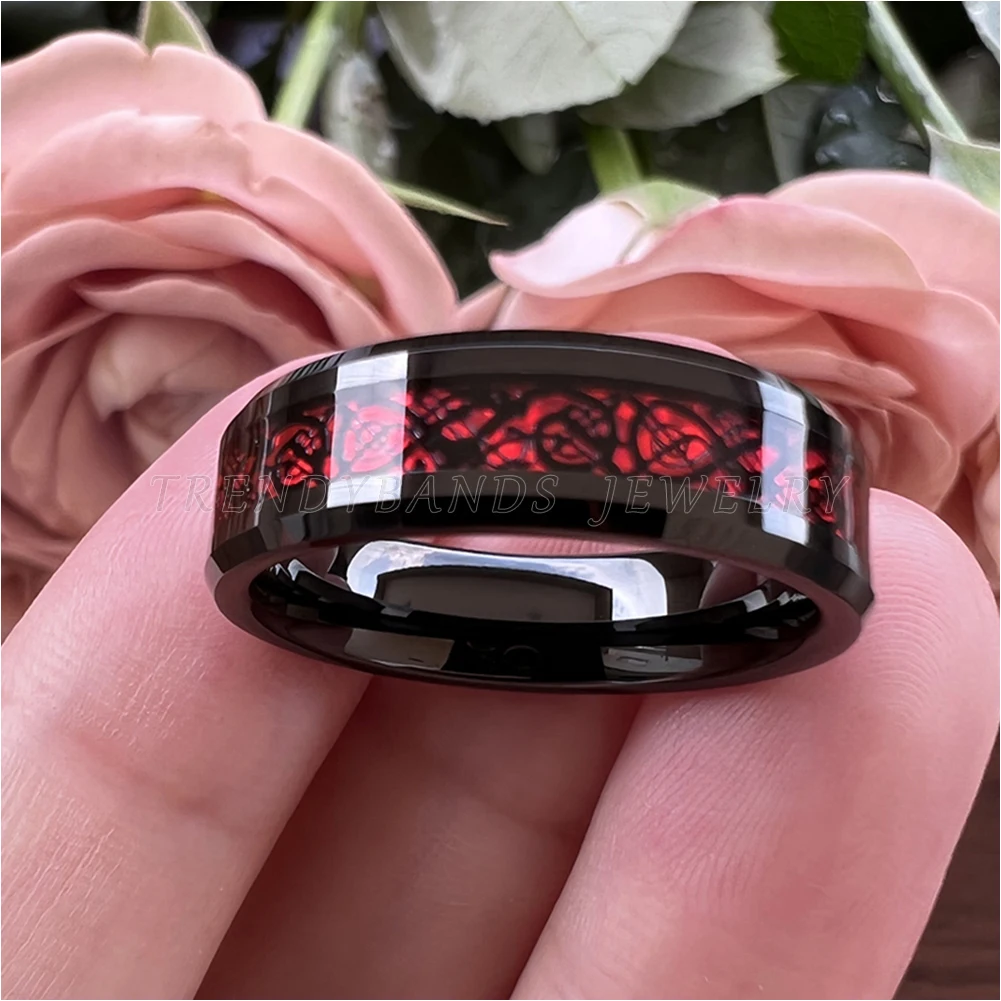 6mm 8mm Mens Womens Schwarz Hartmetall Ring Hochzeit Band Poliert Shiny Red Opal Drache Inlay Comfort Fit mit Abgeschrägten Kanten – Detail 1
