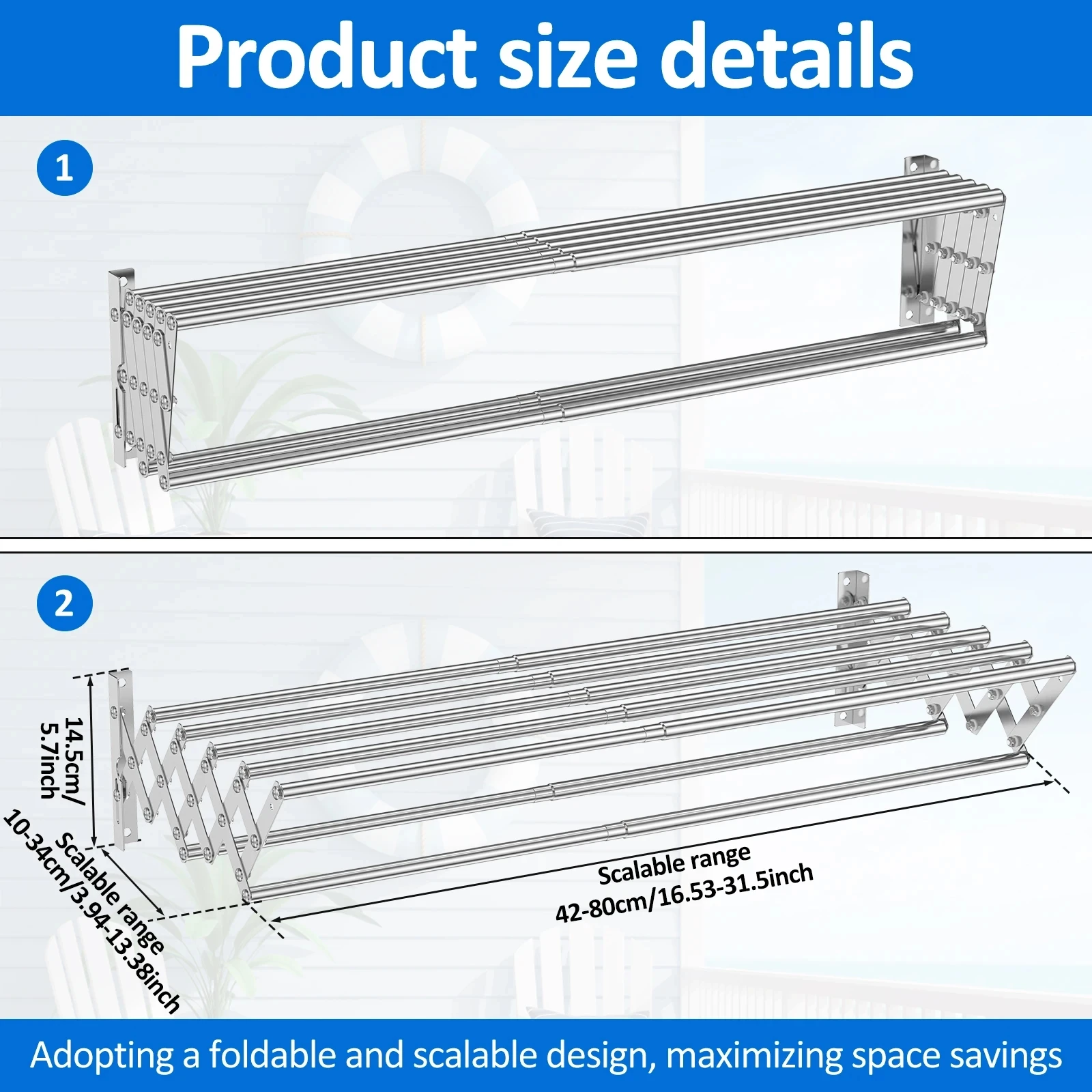 Stainless Steel Wall Mounted Clothes Drying Rack Accordion Retractable Drying Rack Towel Clothes Horse For Balcony Bathroom 2