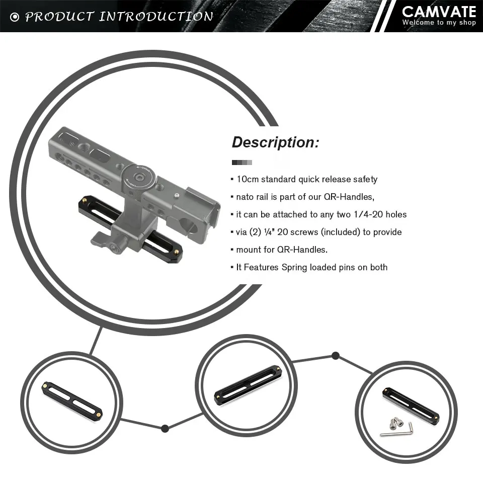 Quick Release Nato Rail 3.94" with 1/4" Screws and Mounting Slots for DSLR Camer