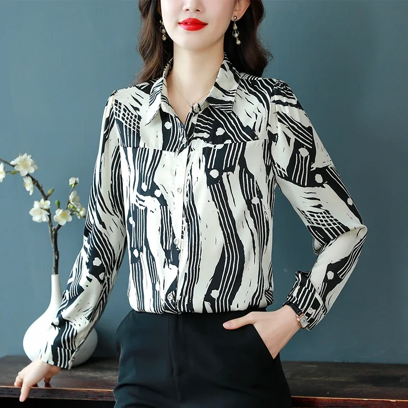 

Шифоновая женская рубашка с принтом, свободные винтажные блузки, модная одежда на весну/лето, женские топы в полоску с длинным рукавом YCMYUNYAN