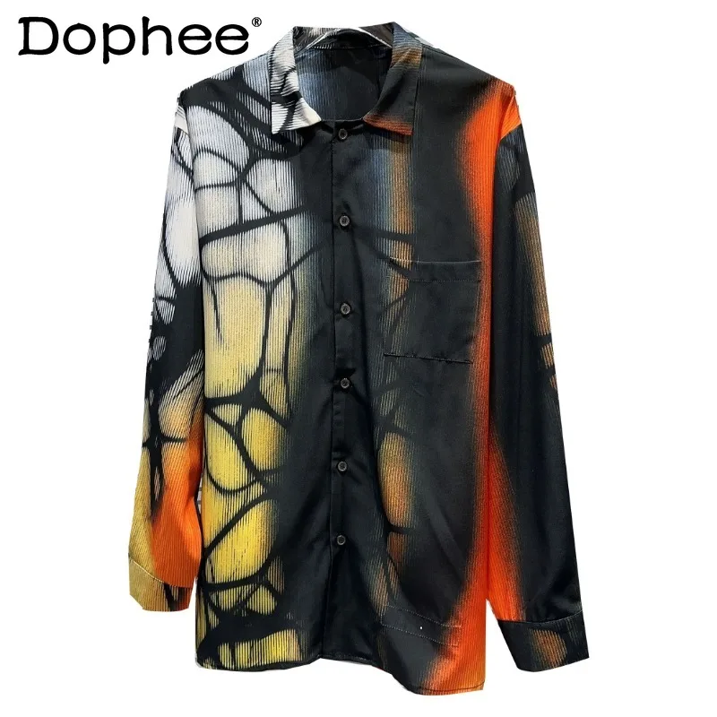

2023 Autumn New Non-Mainstream Style Blusas Art Abstract Color-Contrasting Pattern Hot Girl Long Sleeve Shirt Female Top Blouse