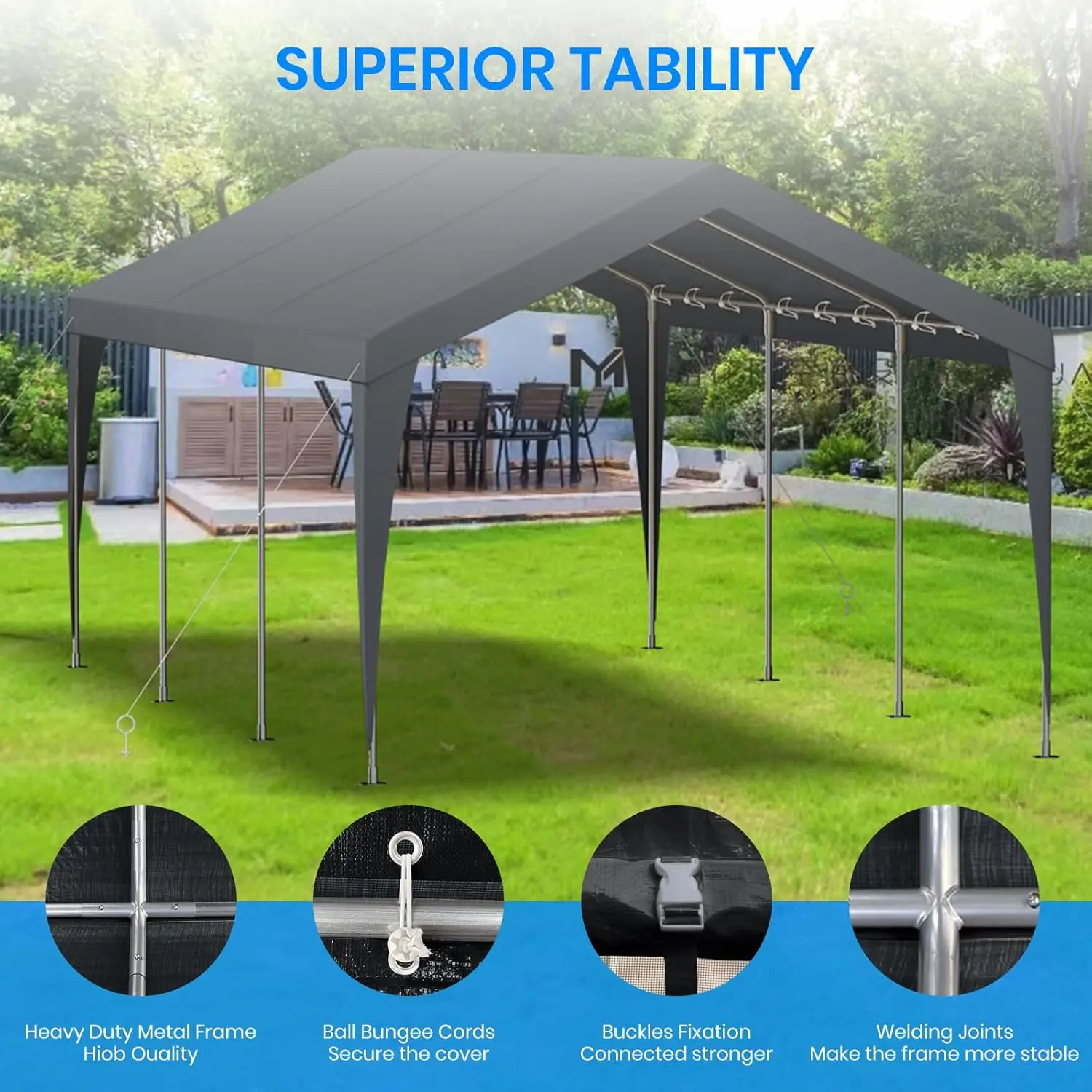 10x20 FT Heavy Duty Carport, Outdoor Portable Car Canopy Garage, Galvanized Steel Frame, UV-Resistant Waterproof PE Tarp Shelter