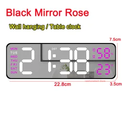 Large LED Digital Wall Clock with Dual Alarms and Adjustable Brightness (Black Mirror Rose)