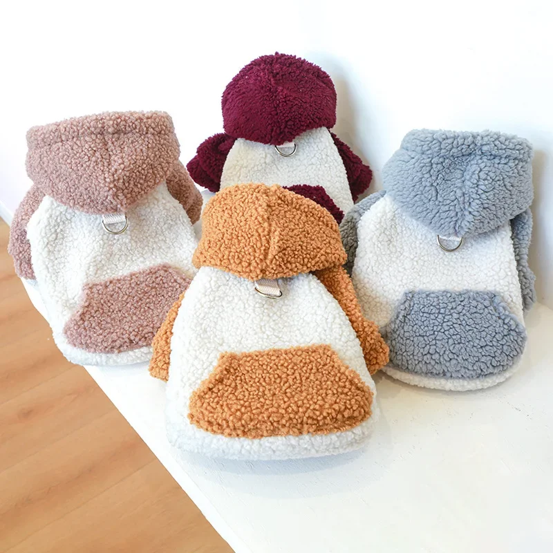 Pet Clothing for Autumn Winter Creative Warm Plush Hoodie Warm Color To Keep Cold Resistant Lambing Plush Traction Hoodie