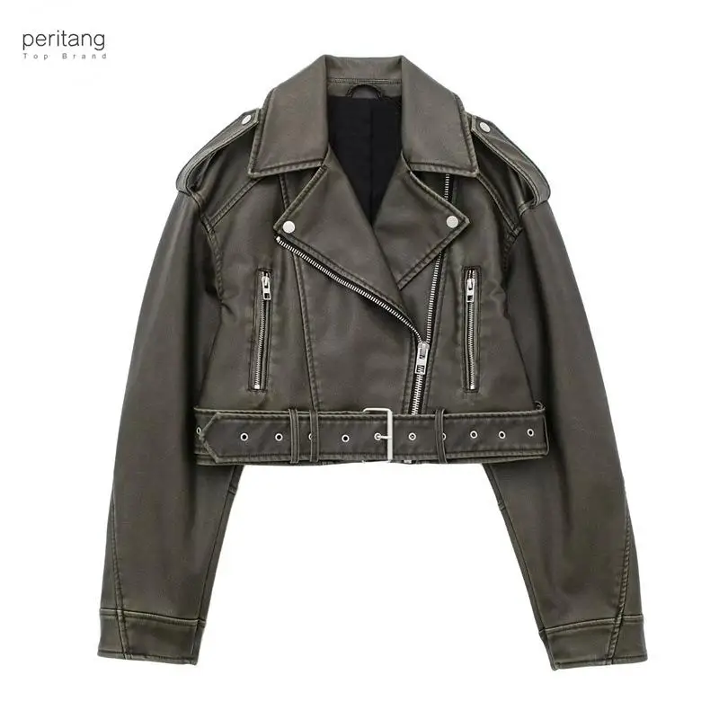 

PERITANG Women Vintage Loose Washed Faux Leather Short Jacket Streetwear Female Zipper Belt Moto Biker Retro Coat Outwear Tops